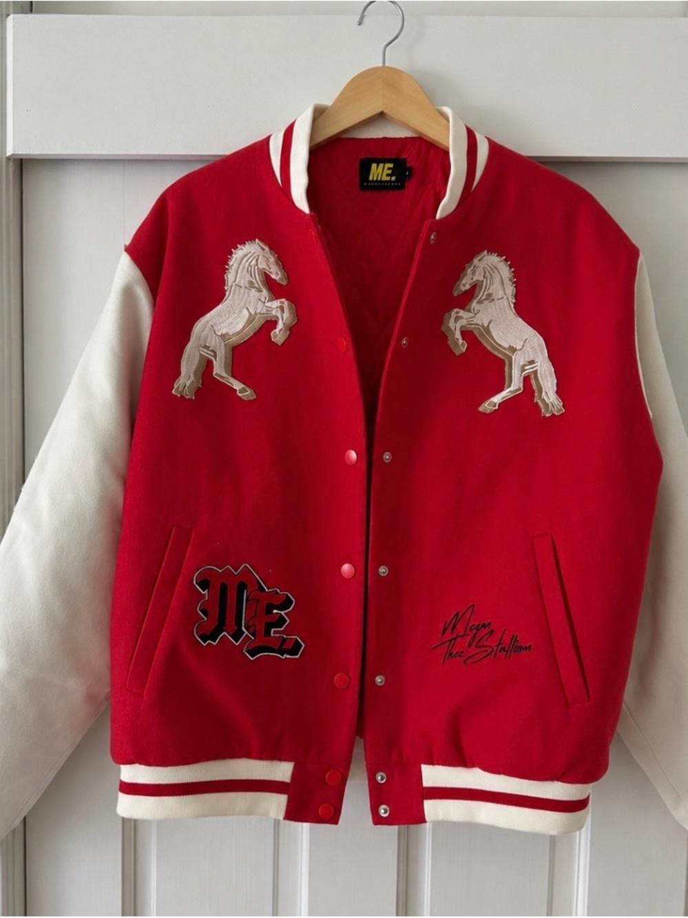 Melody Ehsani Rare Megan the Stallion White and Red Varsity Jacket